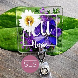 ICU Floral Nurse Badge Reel-Custom Made Job Title Badge Holder-Nurse Life